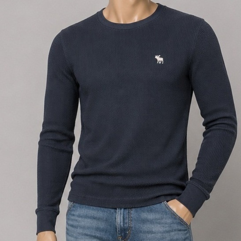 Abercrombie & Fitch Mens Thermal Shirt Navy Blue Waffle Knit Logo Small